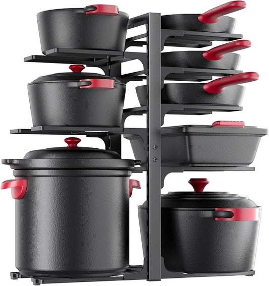 MUDEELA 8-Tier Heavy-duty pan organizers inside cabinet, 20.8" H Black | Adjustable 20.8" Height, Heavy-duty pot rack, Holds big stockpots, cookware & skillets, Fits countertops, Kitchen storage by MUDEELA