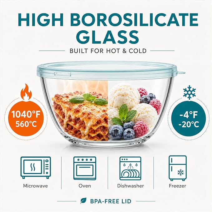 Luvan Glass Mixing Bowls with Lids Set(4.5QT, 2.7QT, 1.1QT)-Large Glass Mixing Bowls, Clear Salad Bowl for Baking, Cooking, Serving, Food Prep, 3PC Nesting Bowls for Kitchen Storage & Dishwasher Safe - Image 3