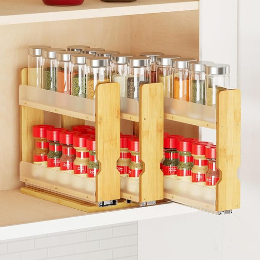 SpaceAid Bamboo Pull Out Spice Rack Organizer for Cabinet, Heavy Duty Slide Out Seasoning Kitchen Pantry Sliding Vertical Organization, 7.6" Wide, 3 Drawers(2" Wide), 2-Tier, Natural by SpaceAid