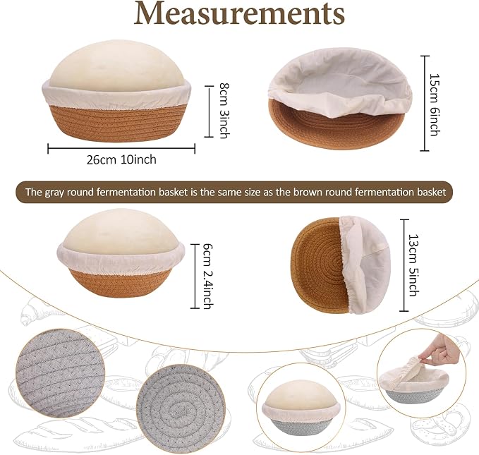 10 Inch Oval Cotton Banneton Proofing Basket Set of 6, Mini Sourdough Bread Baking Kit, Small Artisan Dough Baskets with Cover and Liner for Homemade Bread Baking Supplies (Brown, 10 Inch Oval) - Image 2