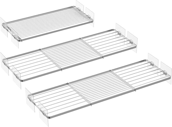 Rod Closet Shelves,Expandable-Large Metal Storage Racks,3 Packs DIY Dividers Separators for Cabinet Wardrobe Cupboard Pantry Kitchen Bathroom (Silver,7.9" D x 17"-31" W,3PCS) by SlimmKISS