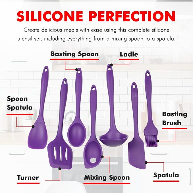 Chef Craft Premium Silicone Kitchen Tool and Utensil Set, 7 Piece, Purple - Image 3