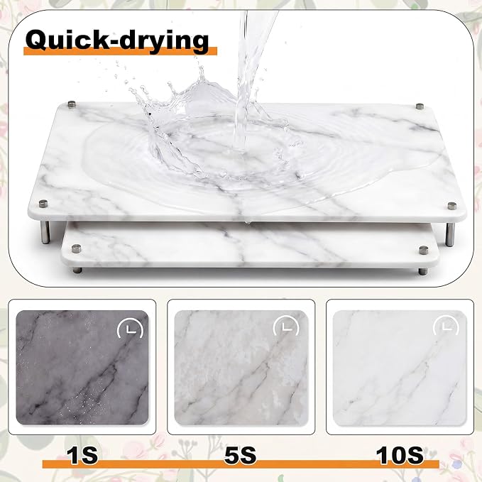 2 Tiers 24"x16" & 20"x16" Large Nesting Stone Dish Drying Mats for Kitchen Counter Absorbent Quick Dry Diatomaceous Earth Mat with Non-slip Feet for Pot Dishes Tableware (Marble Color) - Image 3