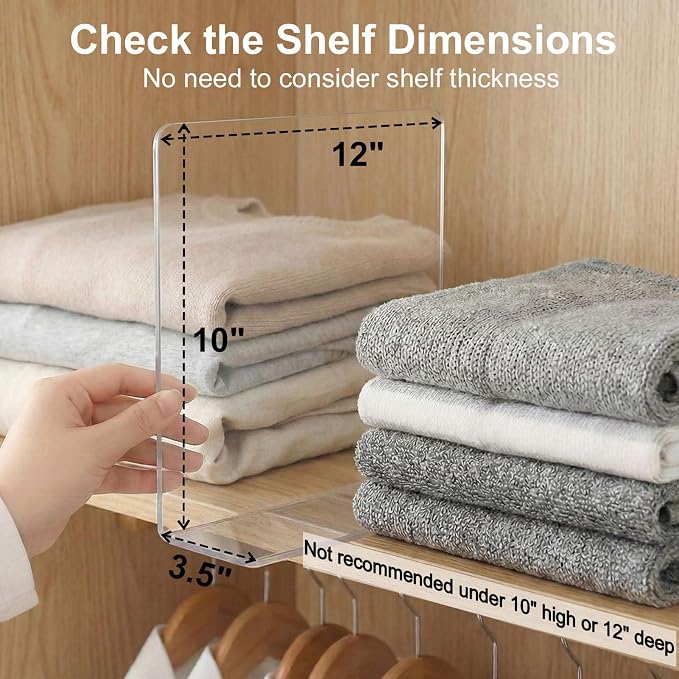 SortNStore Shelf Dividers for Closet Organization: 10" Tall x 12" Deep | Adhesive Separators Features Acrylic Material and Provides Storage for Clothes and Purses in Bedroom Cabinets(8-Pack) - Image 2
