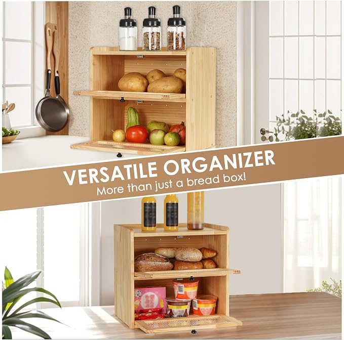 Sunhoo Bread Box for Kitchen Countertop Wooden Bread Storage Container Bin 2 Layer Breadbox Holder Large Capacity Keeper Vintage Farmhouse Food Organizer Pantry Shelf Acrylic Window（Wood color） - Image 5