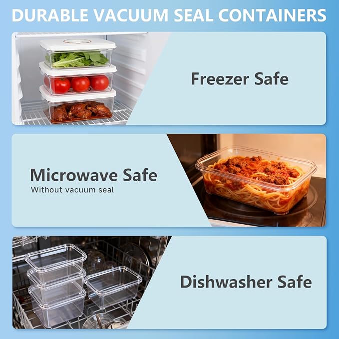 Vixino Vacuum Seal Containers, 3Pcs Reusable Food Storage Containers with Lids for Meal Prep and Freezer,BPA-Free，Microwave Safe，Leak-proof,Airtight (Vacuum Sealer Not Included) - Image 4
