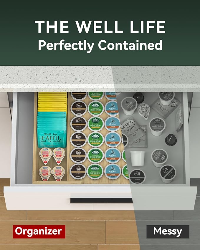Expandable Bamboo Coffee Pod Drawer Holder 35 Pods | 11.6-19.8" W x 15.36" D x 2.37" H, Compatible with K Cup, keurig Pod Organizer Tea Bag Storage for Countertop Display - Image 7