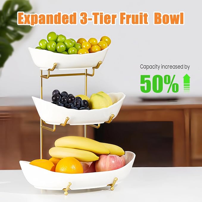 Ceramic Fruit Bowl for Kitchen Counter - 3 Tier Fruit Basket with Metal Stand, Tiered Fruit Stand for Countertop, Snack, Nuts, Cake, Dessert, Cute (Gold, Large) U3 - Image 3