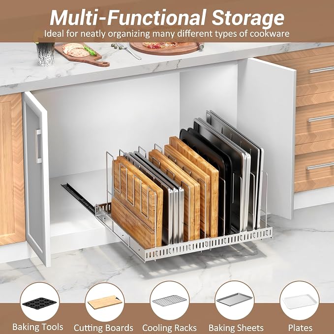 Housolution Pull Out Baking Tray and Cookie Sheet Cutting Board Organizer | 13"-22" Expandable, 21.5" Deep, 8 Adjustable Dividers, Slide Rail Design, Stainless Steel Structure, Adhesive/Screw Fixing - Image 2