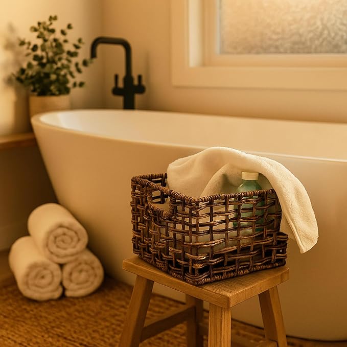 Storage & Shelf Baskets, Handwoven Natural Abaca Wicker Set of 3 12x10x8 In | Handwoven natural abaca storage baskets,sturdy steel frame, breathable open weave for pantry, shelves, books, toys, closets - Image 9