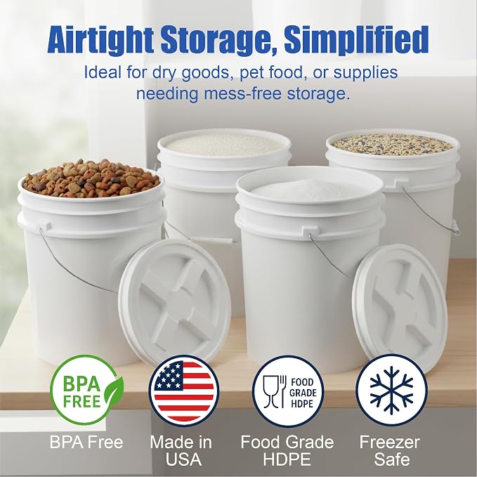 5 Gallon Bucket - Food Grade w/Lid BPA-Free,White/White, 120 | Airtight Gamma Seal Screw-On Lid, Heavy-Duty 90 Mil HDPE Plastic, Food Safe and Durable Container, Bulk Storage, Made in USA - Image 2