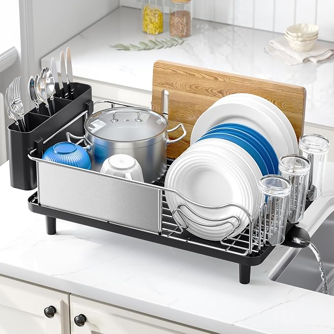 Urackify Stainless Steel Dish Drying Rack for Kitchen Counter, Black | Rustproof Dish Rack with Utensil Holder, 16.9" L x 12.4" W Large Capacity, Auto Drain Dish Drainer for Plate Dish Sliverware by Urackify