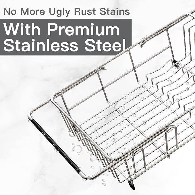Dish Drying Rack Over The Sink with Utensil Holder, Mat | Expandable Stainless Steel Dish Drainer for Small Kitchen, Apartment, RV, Counter Space Saving, Perfect Fit, Rustproof - Image 4