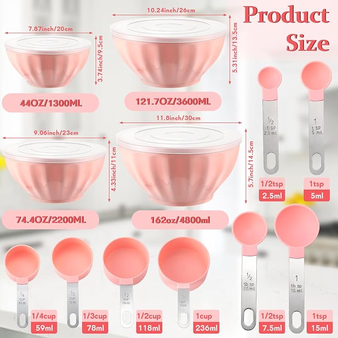 4 Pcs Mixing Bowls with Lids Plastic Nesting Bowls Set with Stainless Steel Colander 8 Pcs Measuring Cups and Spoons Set and Foldable Kitchen Funnel for Kitchen Cooking Accessories (Pink) - Image 2