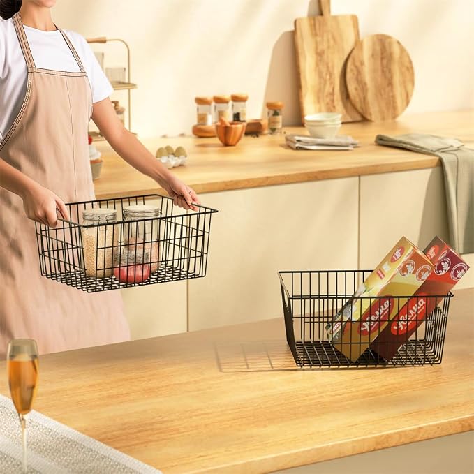 SANNO Large Freezer Baskets Metal Storage Organizer Bin Basket Wire Storage Basket for Kitchen Pantry Bathroom Large Metal Farmhouse Food Fruit Produce Organizer Bins,black,3 - Image 5