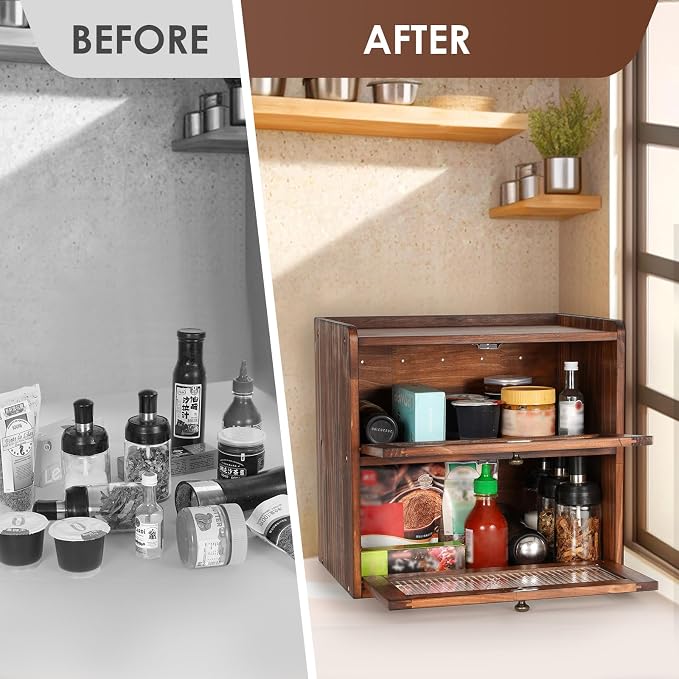 Sunhoo Bread Box for Kitchen Countertop Wooden Bread Storage Container Bin 2 Layer Breadbox Holder Large Capacity Keeper Vintage Farmhouse Food Organizer Pantry Shelf Acrylic Window (Brown) - Image 7