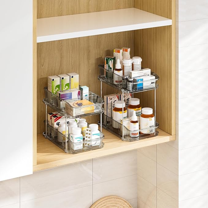 Delamu 2-Tier Under Sink Organizers and Storage, Multi-Purpose Stackable Bathroom Cabinet organizers, Pull Out Kitchen Pantry Organization and Storage with Dividers(4 Pack, Grey) - Image 8