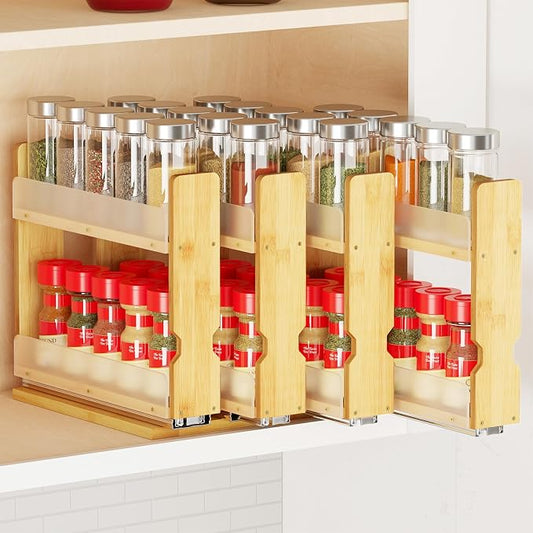 SpaceAid Bamboo Pull Out Spice Rack Organizer for Cabinet, Heavy Duty Slide Out Seasoning Kitchen Pantry Sliding Vertical Organization, 10.1" Wide, 4 Drawers(2" Wide), 2-Tier, Natural by SpaceAid