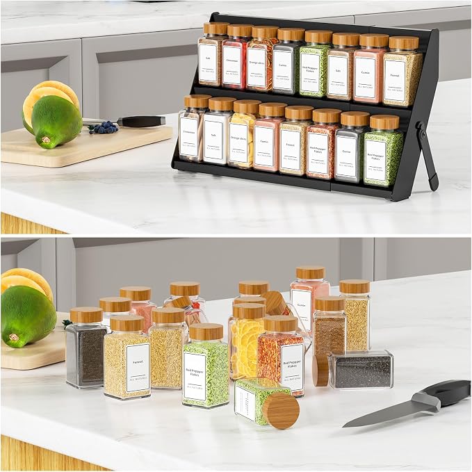 RCHYFEED 2 in 1 Spice Rack Organizer, Expand 12.8 to 21.8 Inch, Foldable | Metal Spicy Shelf，Tiered Spice Rack Suit for Countertop, Cabinet and Drawer, Fits Jars Up to 2.1 Inch, Jars Not Included - Image 9