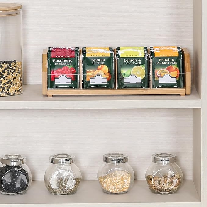 Small Bamboo Tea Bag Organizer, Tea Box Storage Holder, Natural | Holds 60 tea bags, Removable Compartments, Acrylic Dividers, Wood, for Cabinet, Countertop, Office, Drawer, K cups, coffee - Image 5