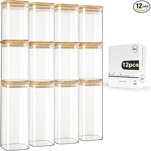LIBWYS 12-Pack Square Glass Storage Jars with Bamboo Lids (0.6Qt/1.06Qt) - Stackable Food Containers for Pantry Organization, Coffee, Flour, Snacks, Tea | Kitchen Canisters Set | Stackable Dry Food Containers for Pantry Organization, Coffee, Flour, Sna... by LIBWYS