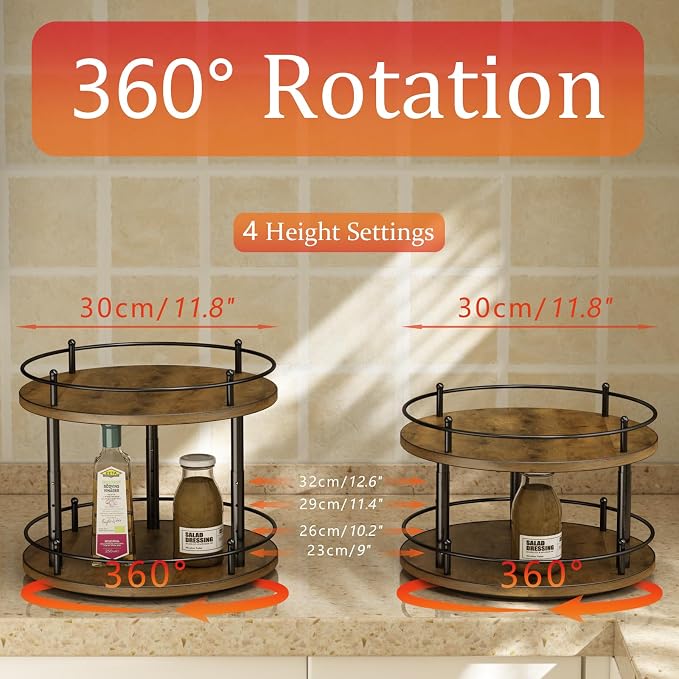 2 Tier Lazy Susan Organizer,2-Tier Spinning Spice Rack with Stable Carousel Base & 4 Height Settings for Cupboard Kitchen Countertop Dining Table Cupboard (Two-Ply(Round)) - Image 2