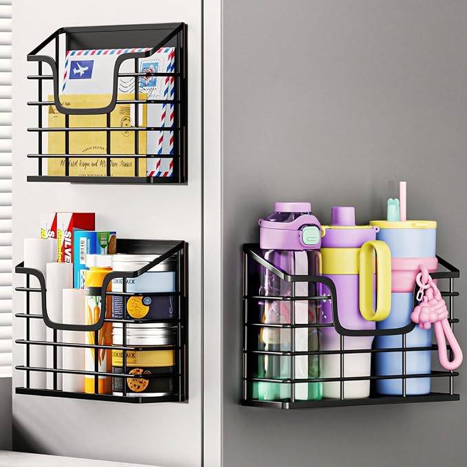Magnetic Shelf for Fridge, 3 Pack Metal Fridge Organizer Baskets, Magnetic Cup Holder for Refrigerator, Fruit & Snack Storage, Magnetic Bin for Potatoes, Letters, Magazines, Kitchen & Laundry Room by Ofiray-home