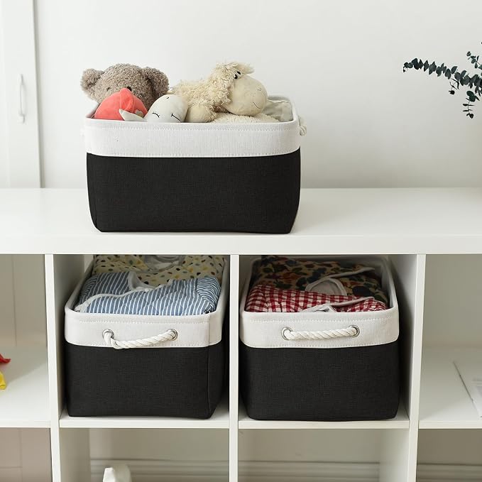 Storage Basket for Organizing - Large 3 Pack 15.7x11.8x8.3 inch Collapsible Storage Bin for Shelves with Handles Laundry Cube Toy Closet Nursery (Whiet & Black) - Image 3