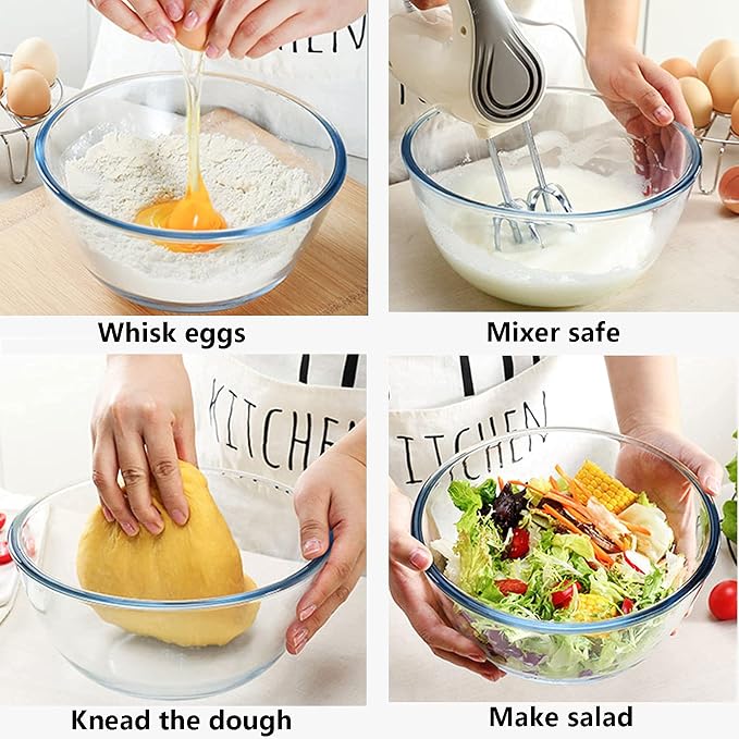 Homwin Glass Mixing Bowl Set for Baking 3-Piece Salad Bowl Set (1qt, 2.5qt, 4.2qt), High Brosilicate Large Bowls for Kitchen Prepping Serving and Storage, Microwave Dishwasher Oven Safe - Image 4