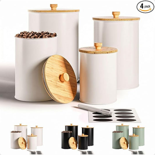 Kitchen Canisters for Countertop Set of 4 w/ Chalkboard Labels & Marker Pen | Airtight Easy Open Bamboo Lids, Dent-Resistant Thick Metal, Customizable Chalkboard Labels, Marker Pen Included, Set of 4 by HBDesignCo