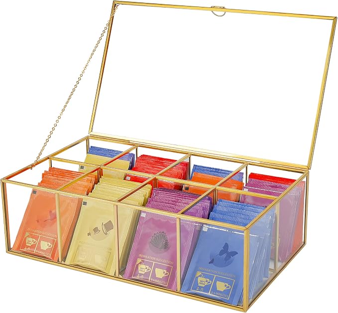 REDHUGO Glass Tea Bag Organizer, 8-Compartment Tea Storage Box, Gold | Handmade glass tea bag box with lid and 8 compartments, keeps tea bags tidy for counters, kitchens and tea stations by REDHUGO