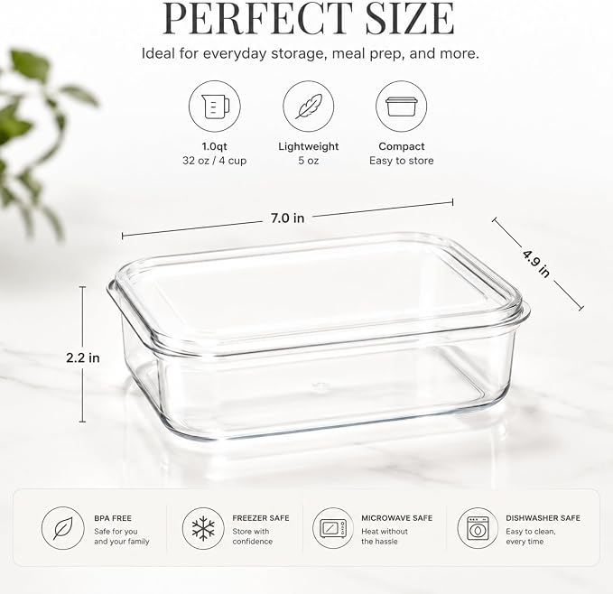 Lustroware Micro Clear Transparent Food Storage Containers with Lids – BPA-Free, Shatterproof, Dishwasher & Microwave Safe, 1.0 qt Stackable Refrigerator Organizer Bins, Made in Japan, Set of 6 - Image 3