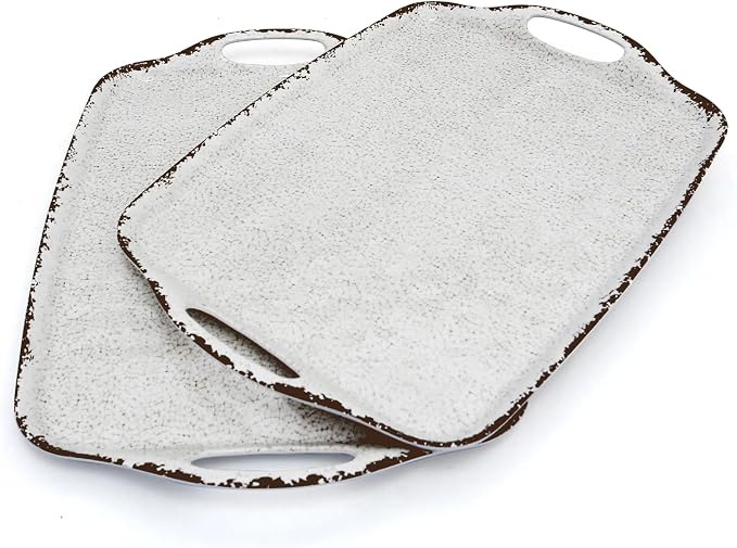TP Melamine Serving Trays with Handles, 19" x 12", Set of 2, Rustic White | Large Rectangular Trays, Serving platters, Turkey and Party Serving, Lightweight, Break-resistant by TastePrime