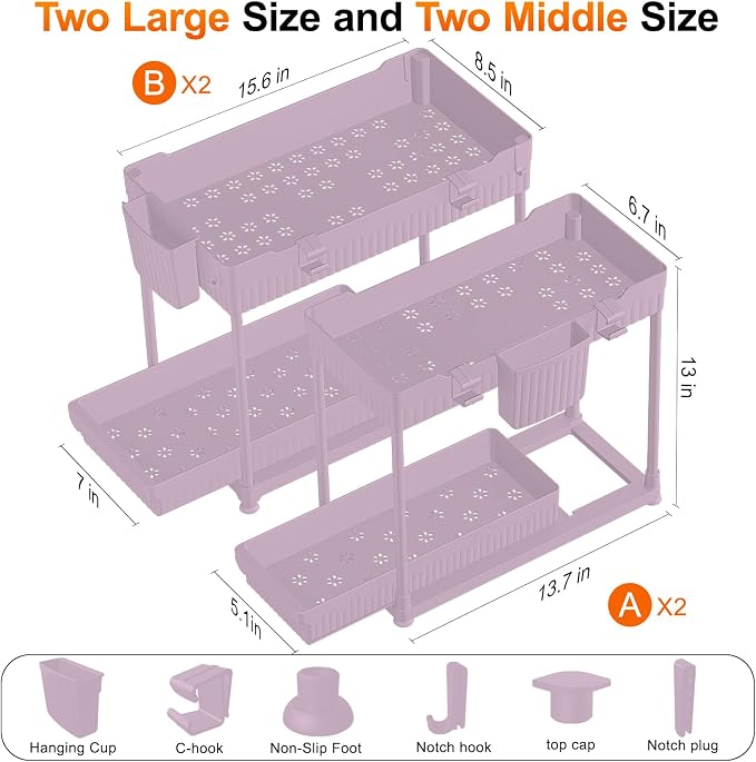 4-Pack 2-Tier Under Sink Organizer with Pull Out Drawers | Multi-use kitchen & bathroom storage. Includes hanging hooks and cups. Pink, space-saving cabinet design. 12.8 Inch - Image 4