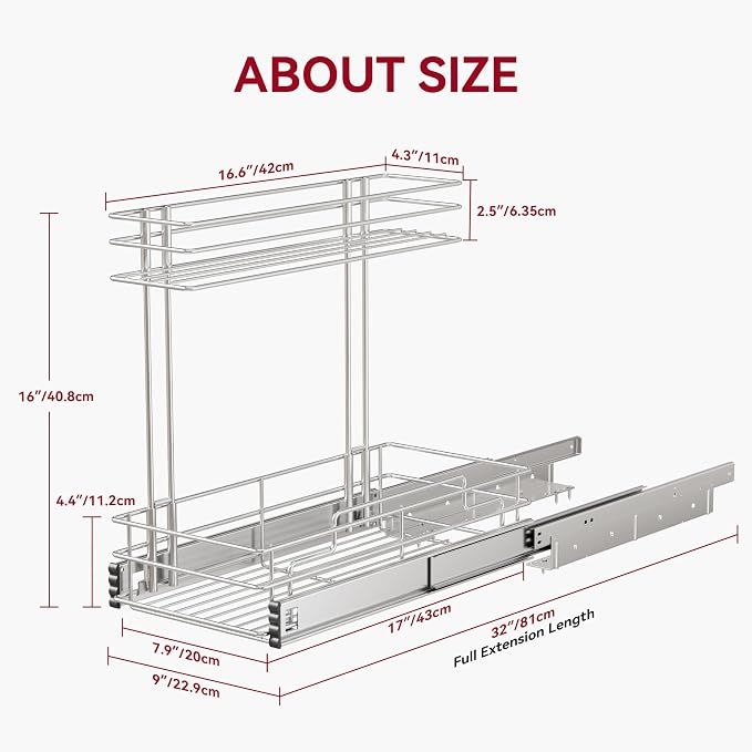Under Sink Organizer 9" W X17 D, Pull Out Cabinet Organizer 2 Tier | Under Sink Slide Out Chrome Plated, Under Kitchen Bathroom Organizer, Pantry Cabinet Closet Organization Rack, 1 Pack - Image 2