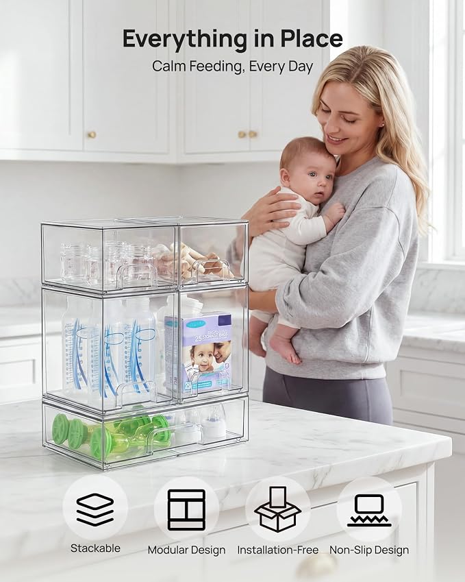 Vtopmart Stackable Storage Drawers Set of 9, Clear Plastic Organizer Bins for Baby Bottle, Beauty Supplies Storage, Ideal for Kichen Countertop, Vanity, Bathroom, Cabinet, Pantry Organization - Image 4