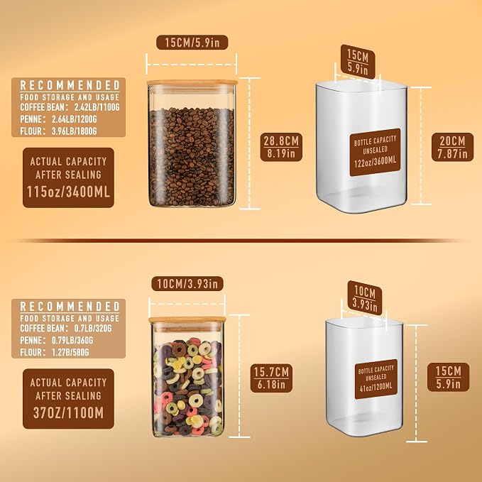 D2scrma 122oz 41oz Airtight Glass Square Storage Canister with Bamboo Lid Set of 2(3600ml*1 1200ml*1) Large Storage Container Gallon Glass Jars, for Sugar, Flour, and Coffee bean (with Black Lable) - Image 2