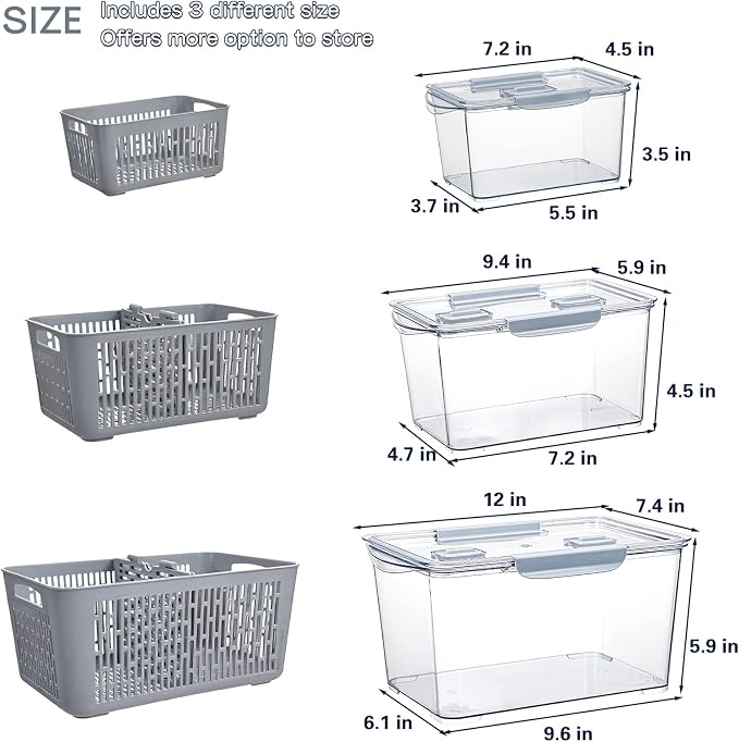 Fistone Fresh Produce Fruit Vegetable Storage Containers 3Piece Set, BPA-Free Fridge Storage Container with Lid & Colander, Fridge Organizers, Keep Fresh for Produce,Fruit and Vegetable - Image 6