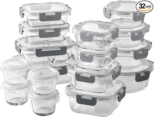 COOK WITH COLOR Premium 32-Pc. Borosilicate Glass Food Container Set with Dividers - 4 Rectangles, 8 Rounds, 4 Squares - Leakproof Lids - Meal Prep, Storage, Ombre Grey by CookwithColor