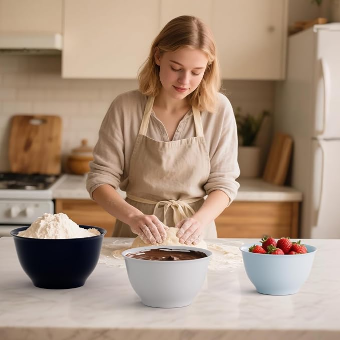 TP Melamine Mixing Bowl Set with Lids, Salad Bowl Set of 3, Blue&White | Nesting Design,Break-resistant,Pasta & Salad Prep, Baking Prep, Space-saving Storage, Freezer Safe, Dishwasher Safe - Image 4