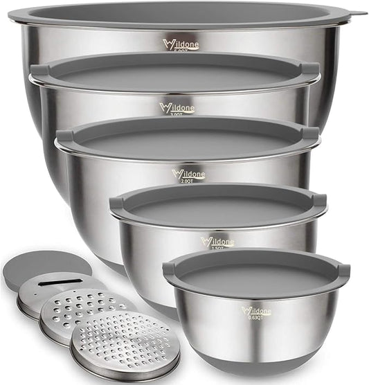 Wildone Mixing Bowls with Airtight Lids Set, 5PCS Stainless Steel Nesting Bowls Set for Kitchen, with Grater Attachments & Non-Slip Bottoms, Size 5, 3, 2, 1.5, 0.63 QT, Great for Baking & Serving by Wildone