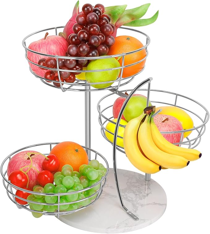 Livabber Fruit Basket Bowl with Banana Hanger, Metal Fruit Vegetable Storage Basket with Banana Holder for Kitchen Counter, Detachable Organizer for Bread Snack Produce (Chrome, 3-Tier Marble Base) by Livabber