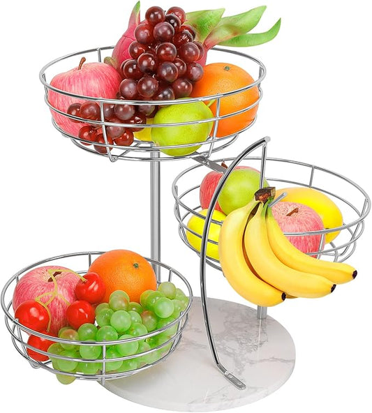 Livabber Fruit Basket Bowl with Banana Hanger, Metal Fruit Vegetable Storage Basket with Banana Holder for Kitchen Counter, Detachable Organizer for Bread Snack Produce (Chrome, 3-Tier Marble Base) by Livabber