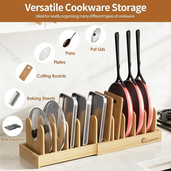 Housolution 2 Pack Bamboo Pot and Pan Lid Organizer Holder Storage Rack | 15"-29" Expandable, 10 Adjustable Dividers, Upgrade Solid Wooden Base, Easy Assembly - Image 3