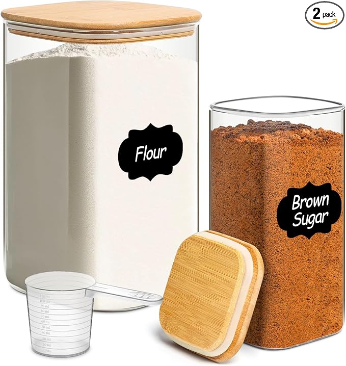 Glass Flour Containers with Bamboo Lids 1.6/4.6 Qt 2 Pack | Wide Mouth, Scoop Included, Kitchen Organizer，Flour Sugar Coffee Beans Pasta Cereal Dry Food Storage by KTMAMA