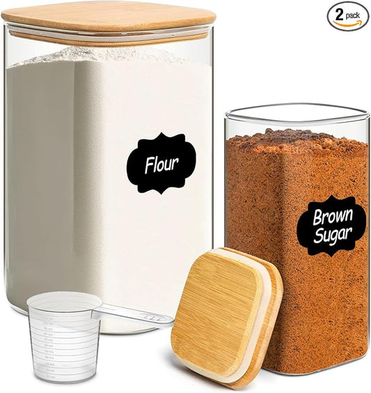 Glass Flour Containers with Bamboo Lids 1.6/4.6 Qt 2 Pack | Wide Mouth, Scoop Included, Kitchen Organizer，Flour Sugar Coffee Beans Pasta Cereal Dry Food Storage by KTMAMA