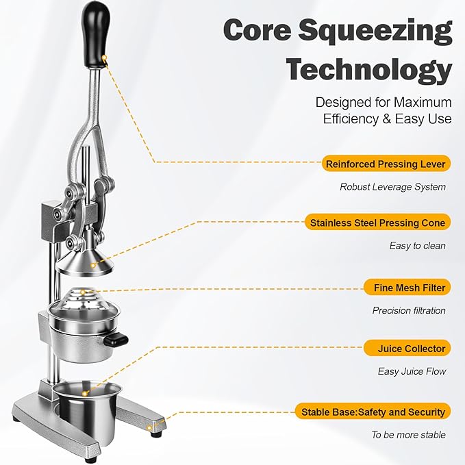 Manual Citrus Juicer Press, Heavy Duty Cast Iron Lemon Squeezer with Stainless Steel Cone, Commercial Hand Press Juicer for Orange, Lemon & Lime, Easy to Clean - Image 3
