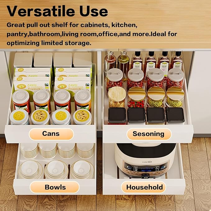 bealy 21'' Deep Cabinet Organizer Adhesive, 10'' Wide Pull Out Cabinet Organizer for Face Frame or Frameless Cabinets, Roll Out Shelves for Kitchen Cabinets, Pantry Shelves, Bathroom, 2 Pack - Image 4