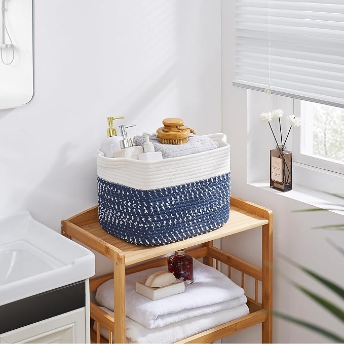 OIAHOMY Storage Basket, Woven Baskets for Storage, Cotton Rope Basket for toys,Towel Baskets for Bathroom - Pack of 3,White Blue - Image 5