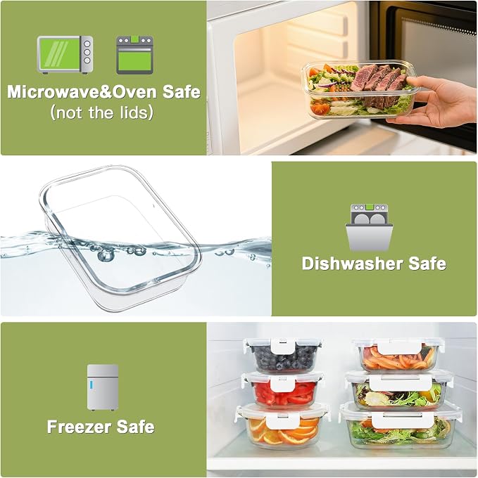 BAYZZ 24 Piece Glass Food Storage Containers with Lids, Airtight Glass Meal Prep Containers for Kitchen, BPA-Free Lunch Box, Microwave and Freezer Safe,White - Image 3